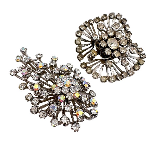 Vintage Atomic Starburst Brooch Pair Clr Rhinestone vs Aurora Borealis '50s '60s - Picture 1 of 12